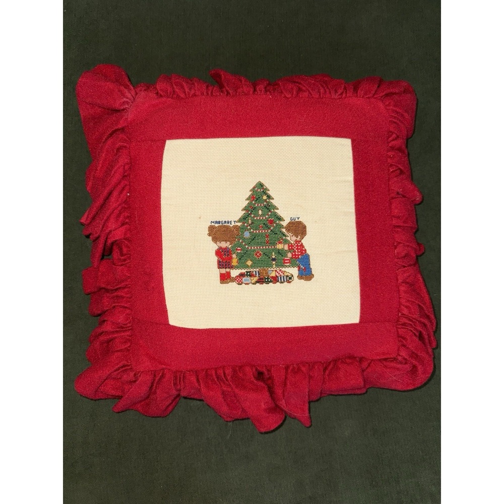 Vintage Handmade Needlepoint Pillow Children Christmas Tree‎ Red Ruffle 12" 80's